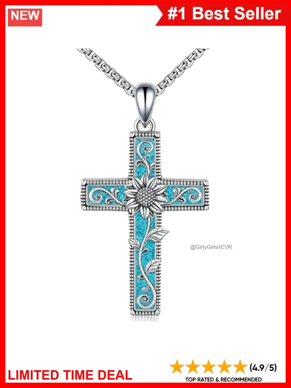 925 Sterling Silver Sunflower Cross Pendant Necklace 22 in Stainless Chain